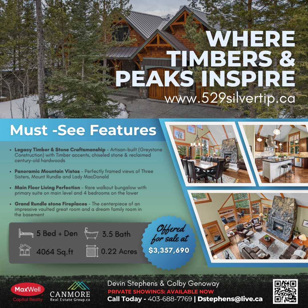 529 Silvertip Road feature flyer — Where Timbers & Peaks Inspire. 5 Bed + Den, 3.5 Bath, 4064 Sq.ft, $3,357,690.