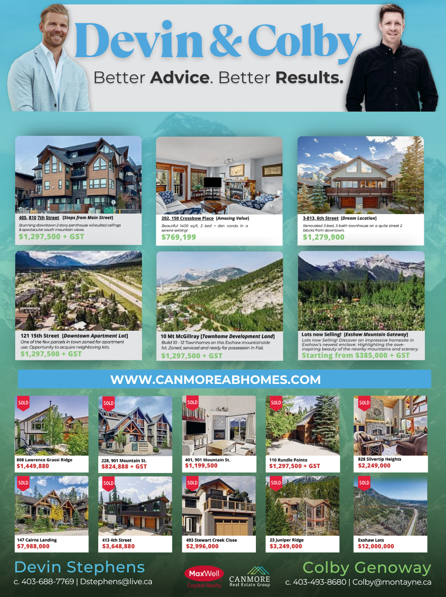 Canmore Real Estate Group full-page newspaper ad — Devin & Colby, Better Advice. Better Results.