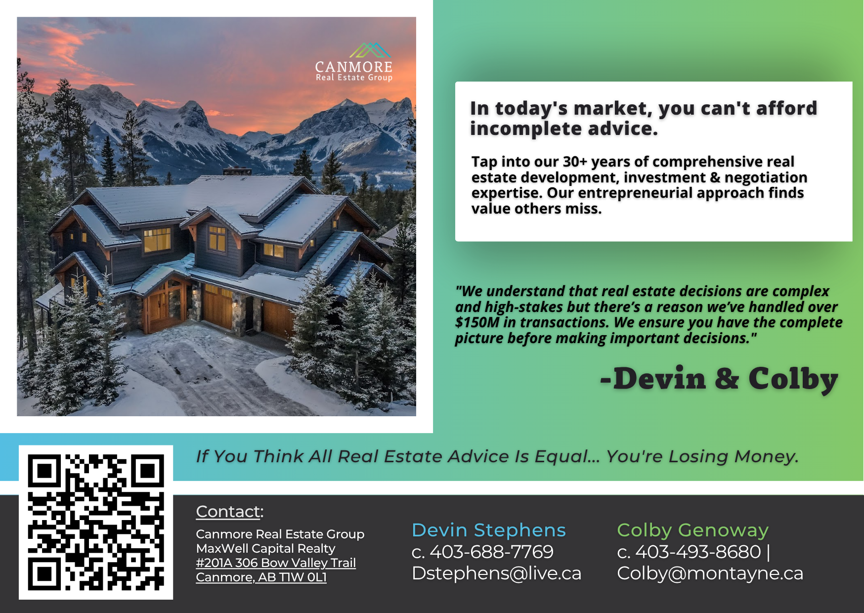 Canmore Real Estate Group postcard back — In today's market, you can't afford incomplete advice.