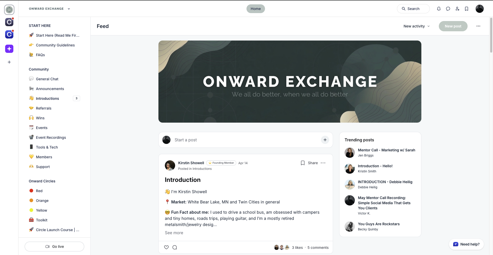 Onward Exchange Circle community feed showing welcome banner and Kirstin Showell's introduction post
