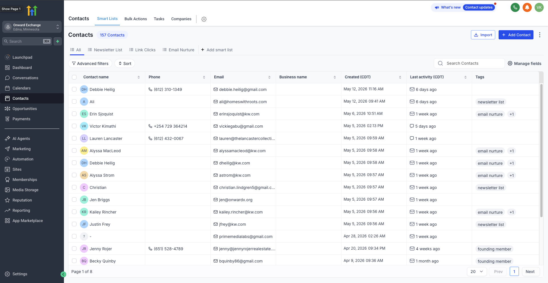 GoHighLevel contacts smart lists — 157 contacts segmented by Newsletter, Link Clicks, Email Nurture