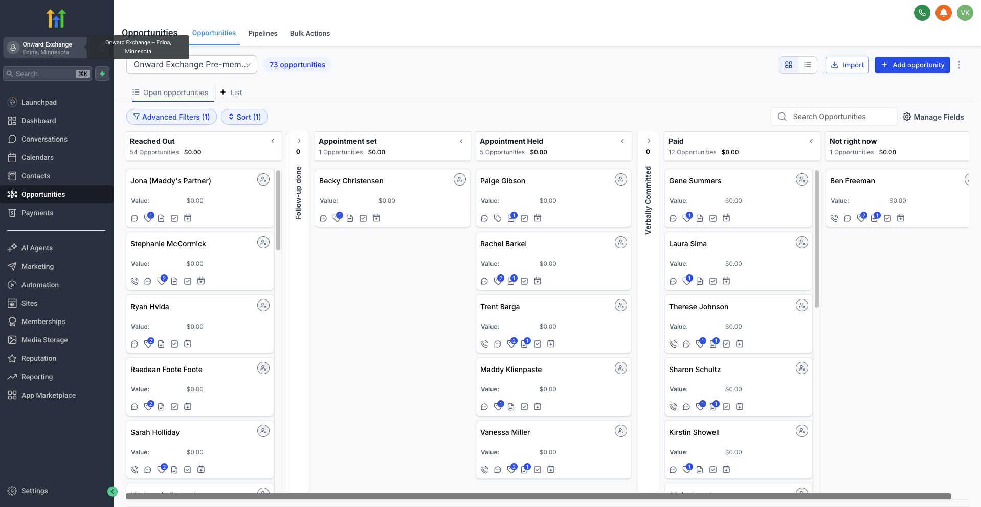 GoHighLevel opportunities pipeline showing 73 opportunities across Reached Out, Appointment Set, Appointment Held, Paid, and Not Right Now stages