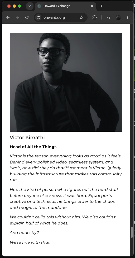 Victor Kimathi, featured on the Onward Exchange team page