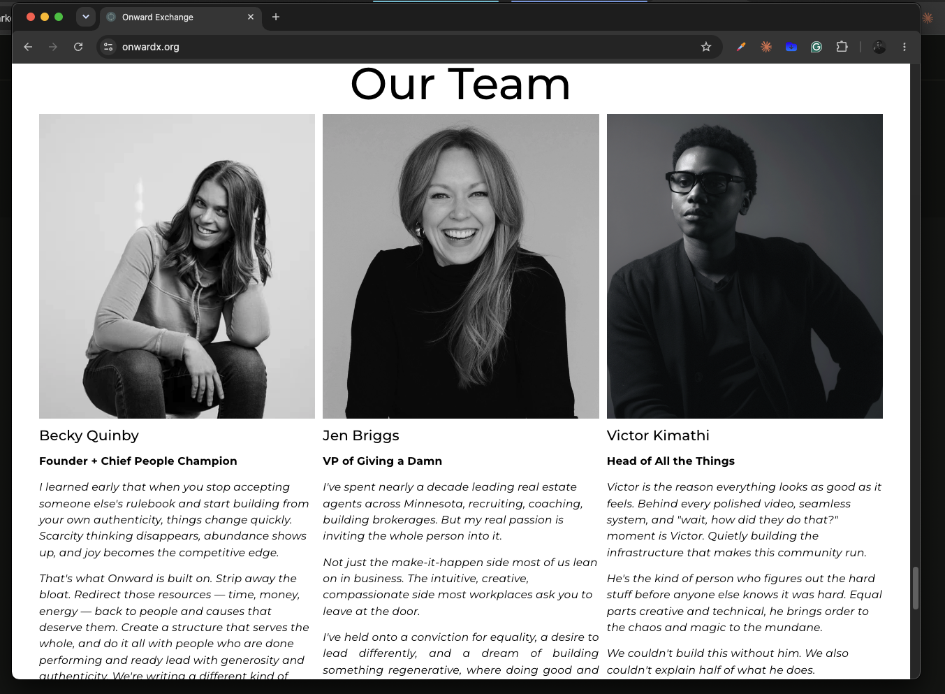 Onward Exchange team page on onwardx.org listing Becky Quinby, Jen Briggs, and Victor Kimathi as Head of All the Things