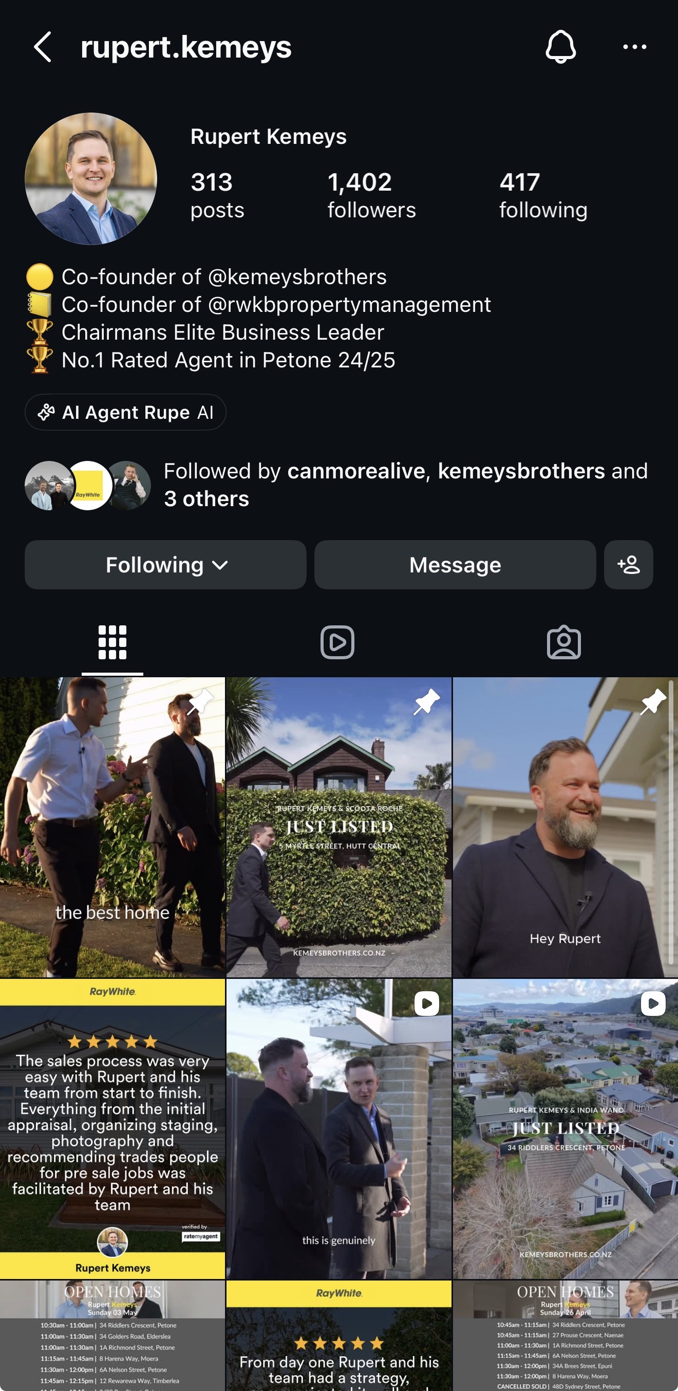 Rupert Kemeys Instagram profile today, 1,402 followers, 313 posts, No.1 rated agent in Petone