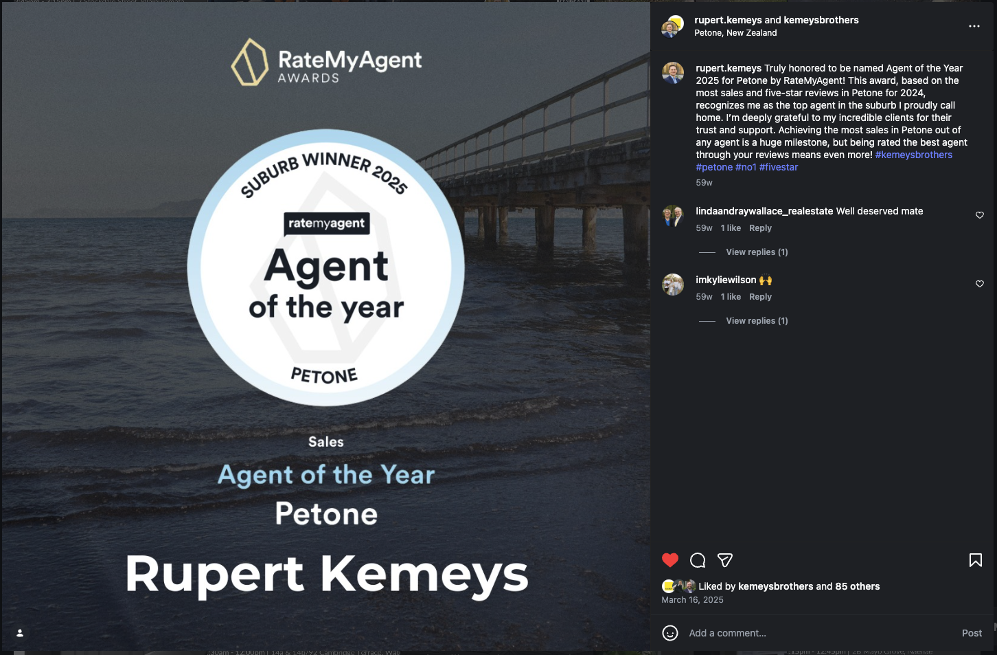Rupert Kemeys named RateMyAgent Agent of the Year 2025 for Petone, New Zealand