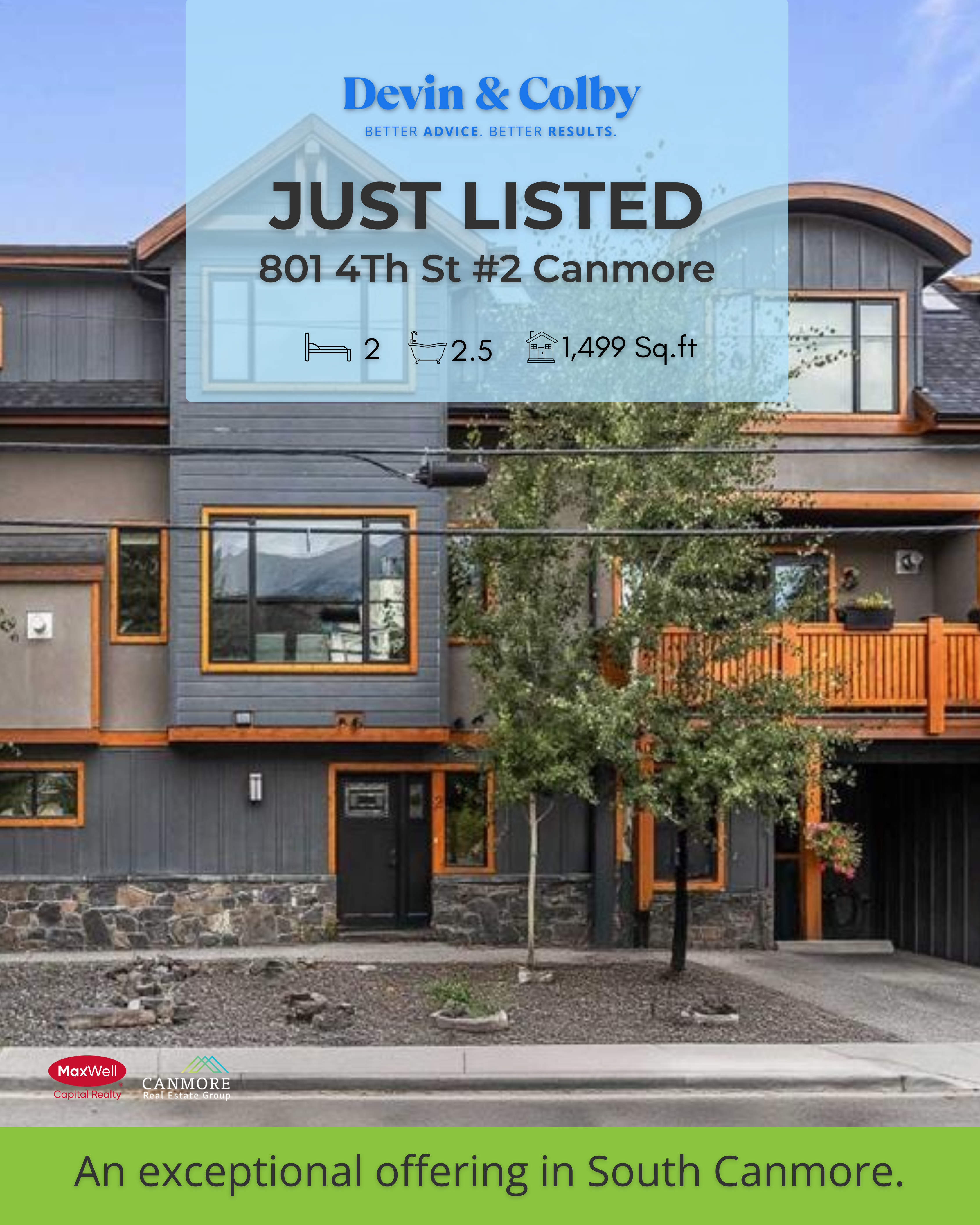 Just Listed graphic — 801 4th St #2 Canmore, Devin & Colby