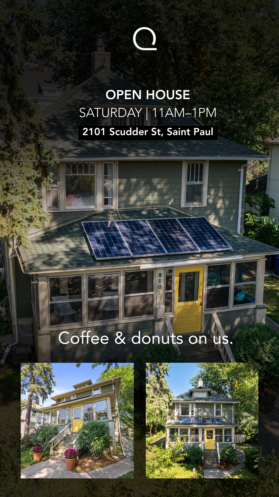 Open House graphic — 2101 Scudder St, Saint Paul. Coffee & donuts on us.